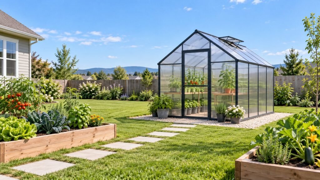 Bright backyard greenhouse in an open suburban garden with raised vegetable beds and a stepping-stone path