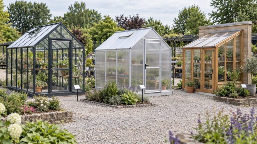 Three backyard greenhouse styles displayed for comparison: glass, polycarbonate, and wood-framed lean-to