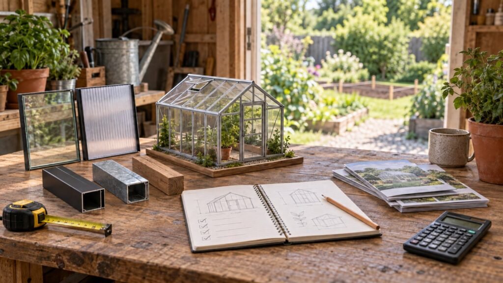 Greenhouse buying research with a scale model, glazing and frame samples, sketches, measuring tools, and a staked future site