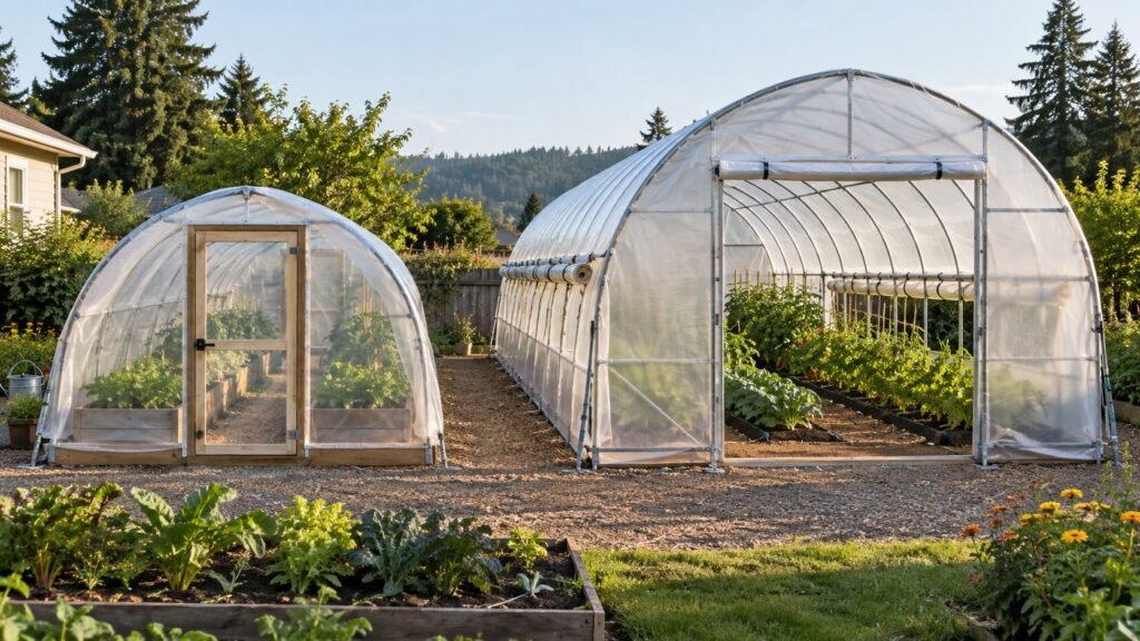 Compact backyard hoop house beside a larger walk-in tunnel greenhouse with roll-up side ventilation