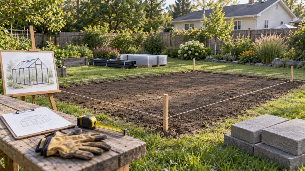 Backyard greenhouse site marked with stakes and string beside organized kit materials and a concept drawing