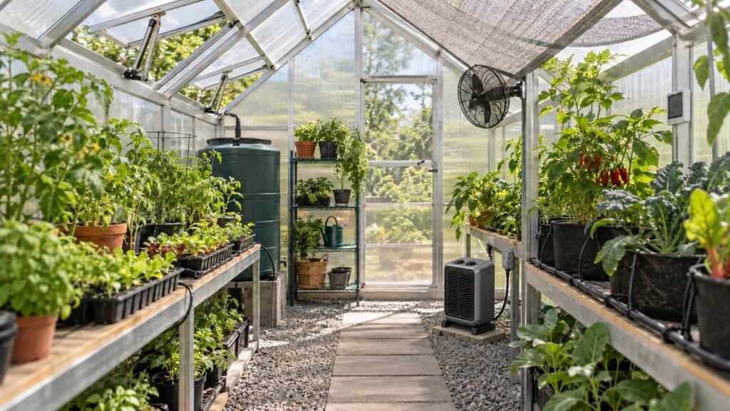 Backyard greenhouse interior with roof vents, shade cloth, circulation fan, electric heater, irrigation, and water storage